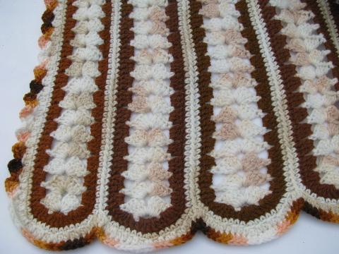 retro vintage crochet afghan lap blanket, brown earth tone colors
