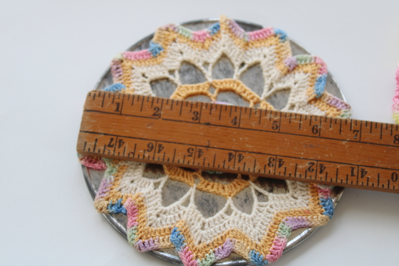 retro vintage crochet hot mats, trivets w/ colorful flower doily style covers