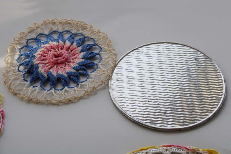 retro vintage crochet hot mats, trivets w/ colorful flower doily style covers