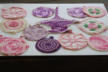 retro vintage crochet potholders lot, pink  purple pot holders handmade crocheted cotton