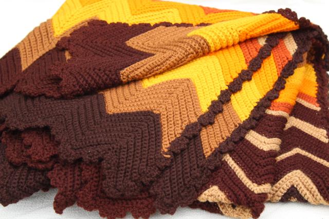 retro vintage crocheted afghan, crochet chevron stripes in warm fall colors