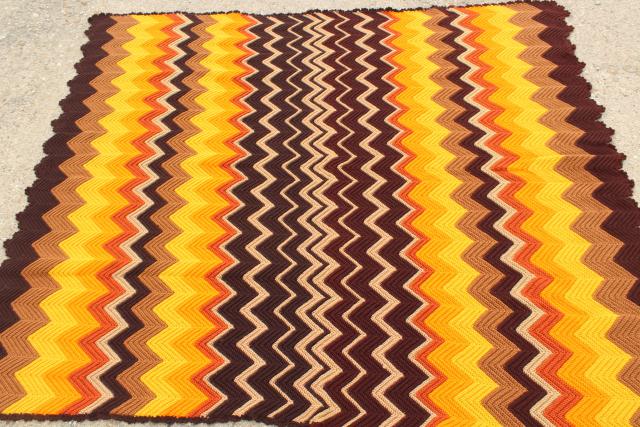 retro vintage crocheted afghan, crochet chevron stripes in warm fall colors