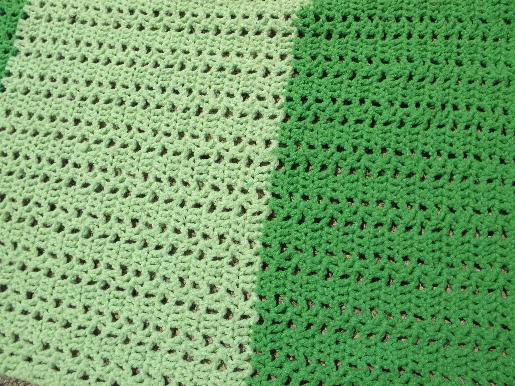 retro vintage crocheted throw rug, wide band striped in shades of green
