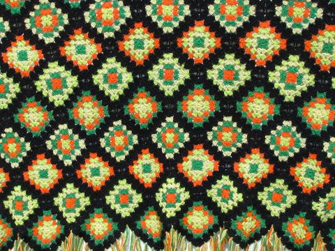 retro vintage granny square crochet afghan, black w/ neon colors