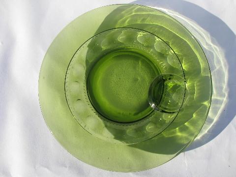 retro vintage green glass snack sets, kings crown pattern round plates & cups