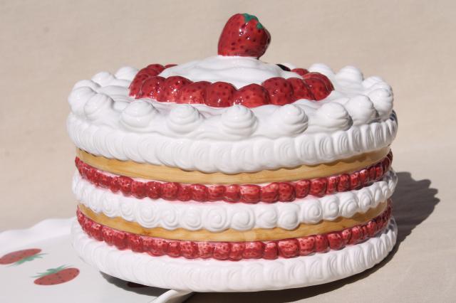 retro vintage handmade ceramic cake cover, strawberry shortcake plate w/ dome