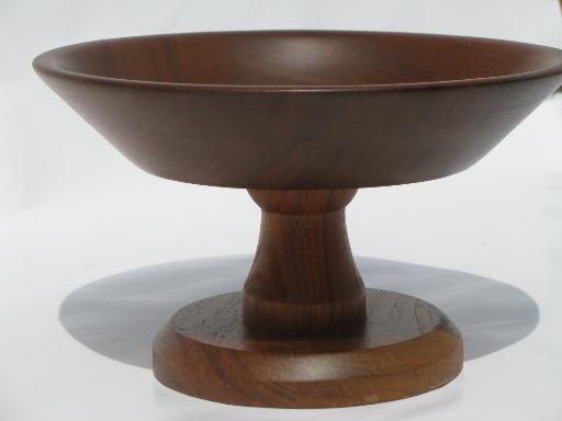 retro vintage hand-turned walnut wood pedestal bowl, Vermillion style