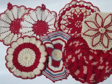 retro vintage kitchen lot, thread crochet potholders, hot mats, trivets