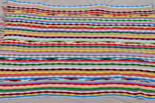 retro vintage rainbow striped afghan, cozy blanket handmade scrap yarn crochet