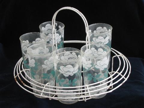 retro vintage wire carrier rack for swanky swigs tumblers, wirework w/ plastic glasses