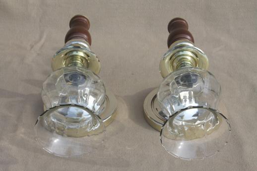 retro wood wall sconce candle holders w/ glass shades, 60s vintage furniture