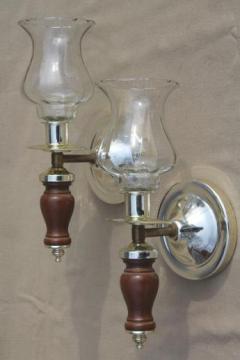 retro wood wall sconce candle holders w/ glass shades, 60s vintage furniture