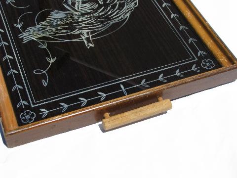 reverse painted glass vintage wood tray w/ handles, silver bird
