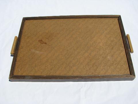 reverse painted glass vintage wood tray w/ handles, silver bird