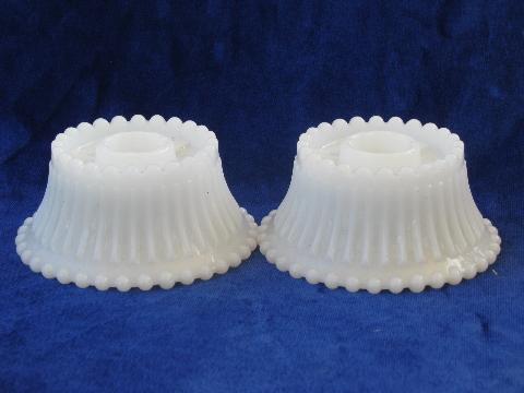 ribs & beads beaded edge pattern, pair vintage milk glass candle holders