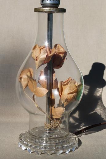 romantic vintage glass boudoir lamp, faded paper roses under glass hurricane bell jar