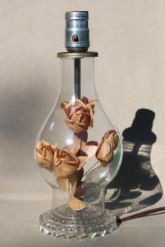 romantic vintage glass boudoir lamp, faded paper roses under glass hurricane bell jar