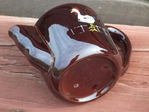 rooster crowing vintage handpainted Japan redware teapot for morning tea