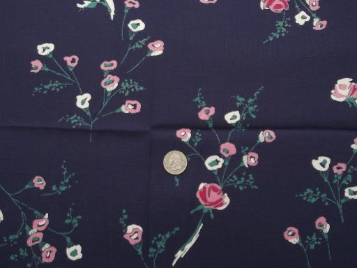 Rose Floral Print Vintage Linen Weave Cotton Fabric Navy Blue Pink