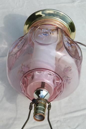 rose glow pink glass bedside table lamp w/ lighted base, 80s vintage 