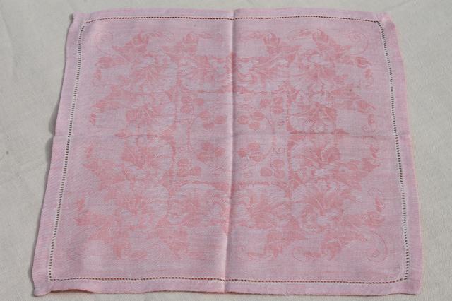 rose pink cotton damask cloth luncheon napkins, vintage fabric napkin set