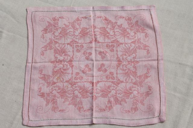 rose pink cotton damask cloth luncheon napkins, vintage fabric napkin set