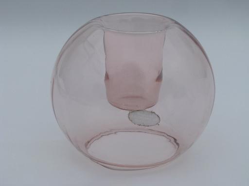 rose pink flower / candle bowl vase, hand-blown glass L E Smith label
