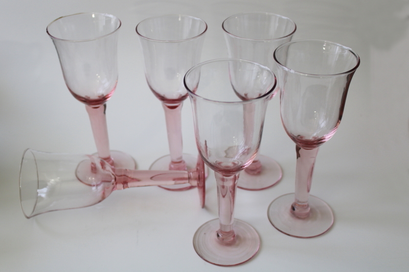 rose pink hand blown glass water glasses, big chunky wine glasses rustic vintage style