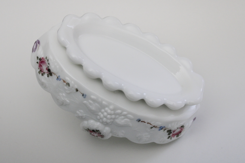 roses and bows hand painted milk glass basket, paneled grape vintage Westmoreland glass