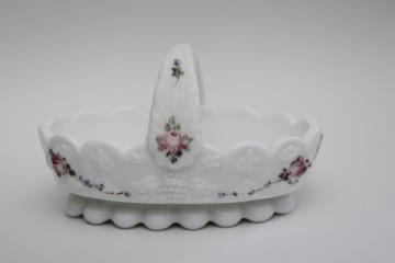 roses and bows hand painted milk glass basket, paneled grape vintage Westmoreland glass