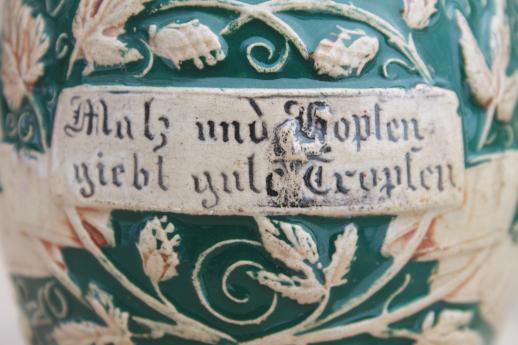 rough old stoneware beer stein, tavern cup w/ motto in German