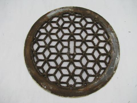round antique architectural heating register grate or grill, arts & crafts mission vintage