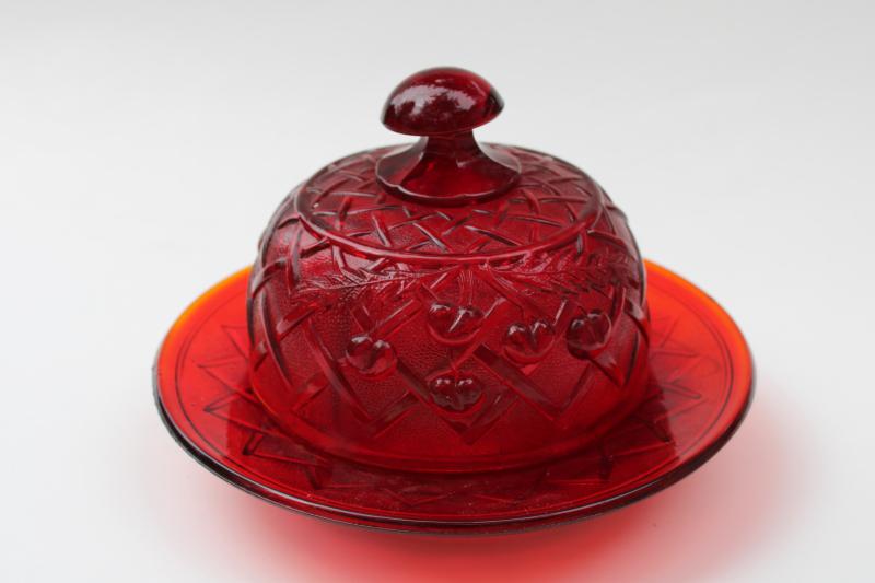 round covered butter dish, cherries lattice pattern reproduction in ruby red glass