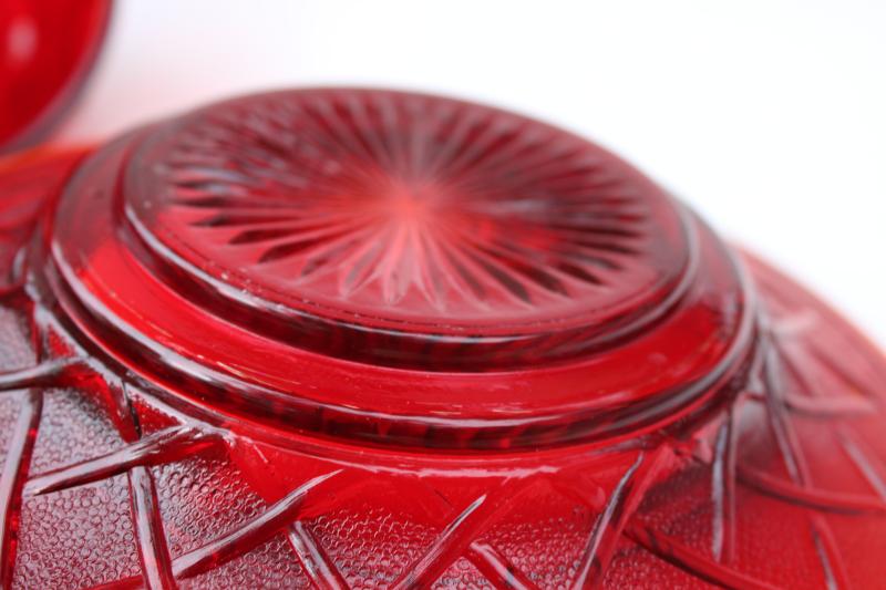 round covered butter dish, cherries lattice pattern reproduction in ruby red glass
