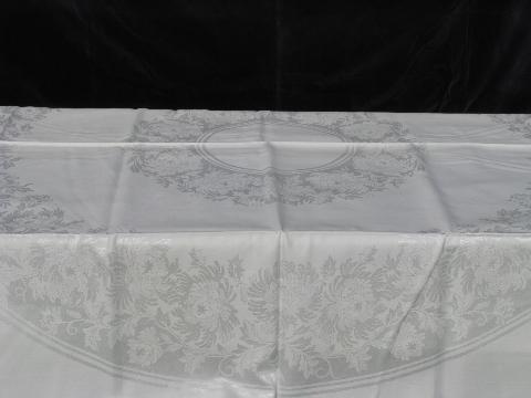 round damask tablecloth, chrysanthemum floral in snowy white, vintage Czechoslovakia, mint condition