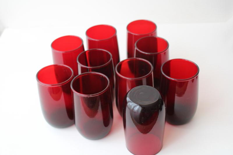 royal ruby red glass roly poly tumblers, Anchor Hocking juice glasses set of 10