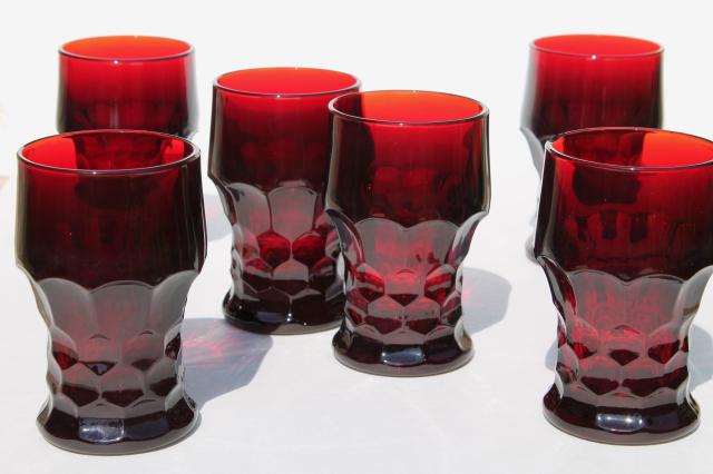 royal ruby red glass tumblers, set of six drinking glasses, vintage Anchor Hocking Georgian
