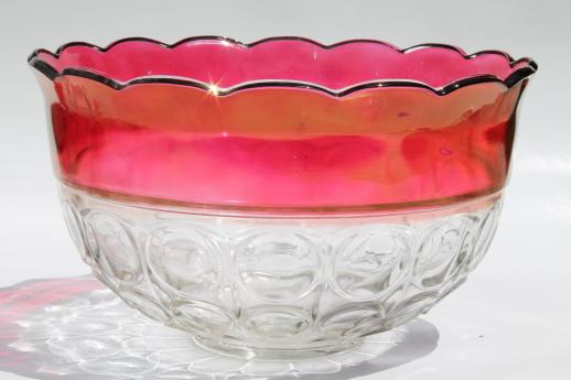 ruby band coinspot glass punch set, huge vintage Indiana glass punch bowl & footed cups