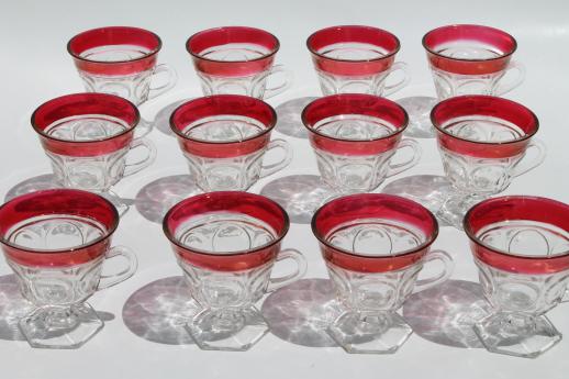 ruby band coinspot glass punch set, huge vintage Indiana glass punch bowl & footed cups