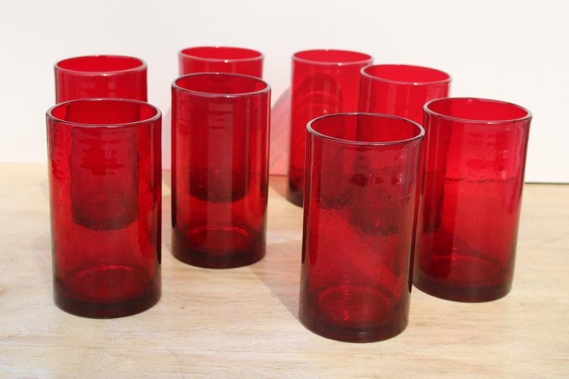ruby red bubble glass, set of 8 big tumblers, drinking glasses or hurricane candle holders