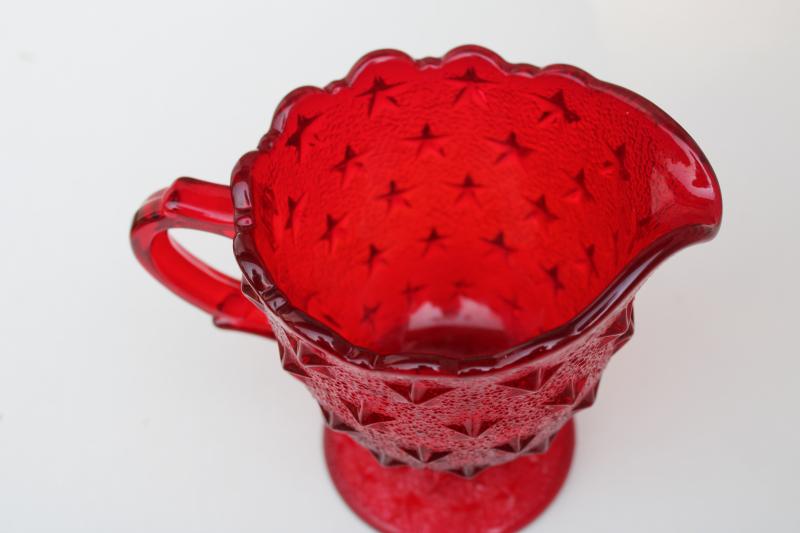 ruby red stippled star pattern pressed glass pitcher, vintage Fenton / LG Wright