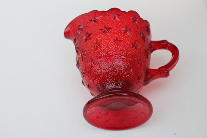 ruby red stippled star pattern pressed glass pitcher, vintage Fenton / LG Wright