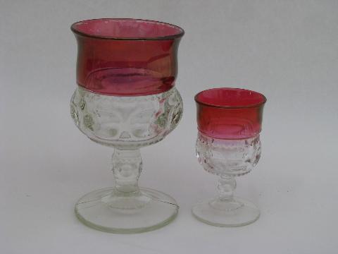 ruby stain vintage king's crown pattern stemware glasses, flashed color glass