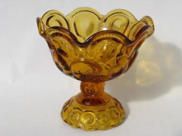 ruffled moon and stars pressed pattern candy dish, vintage amber glass