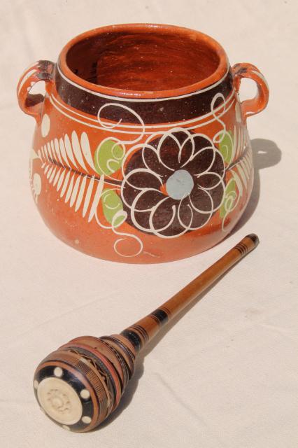 rustic Mexican terracotta pottery pot & hand carved wood chocolate stirrer whisk