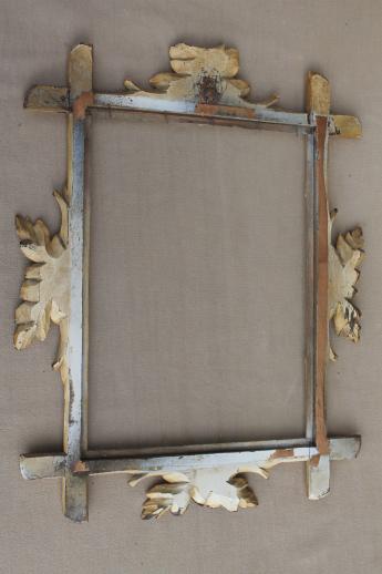 rustic antique Adirondack carved wood picture frame, Eastlake twig & leaf frame w/ shabby paint