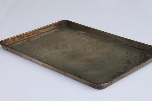 rustic antique baking pan, vintage 49 cent store sign Py-O-My premium bread tray