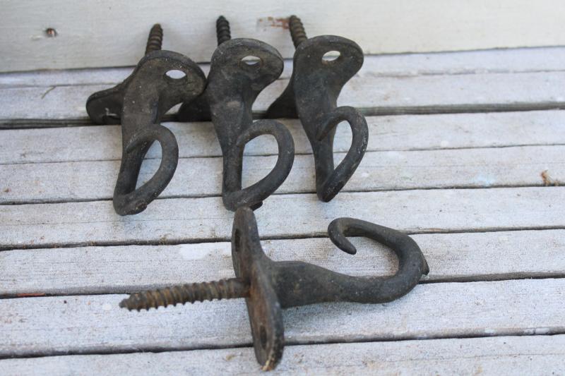 rustic antique iron hooks, curved pigtail shape primitive barn pulley rope hanger