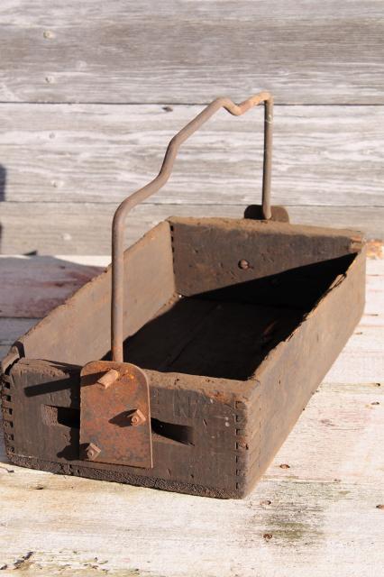 rustic barn wood tote box carrier w/ heavy forged iron handle, primitive farm toolbox