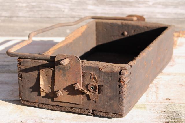 rustic barn wood tote box carrier w/ heavy forged iron handle, primitive farm toolbox